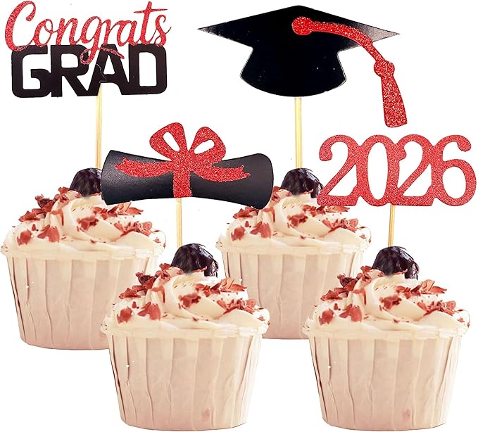 2026 Graduation Cupcake Toppers, 48 PCS Food/Appetizer Picks For Graduation Party Mini Cake Decorations, Diploma, 2026, Grad Cap Set 48 Pieces (03 Red)