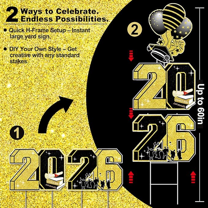 15 PCS Graduation Yard Signs Class of 2026 Decorations, 2026 Graduation Decorations - Large 4FT Tall Congrats Grad Lawn Sign Set with H-Stake & Fiberglass Rods, Waterproof Outdoor & Indoor Graduation Party Decor, Black and Gold