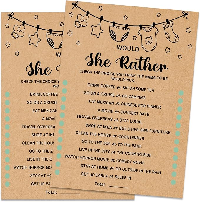 Baby Shower Game, Would She Rather, Baby Shower Ideas, Party Activities Ideas Supplies, Baby Shower Party Games Supplies & Activities, 30 Game Cards Included, Kraft