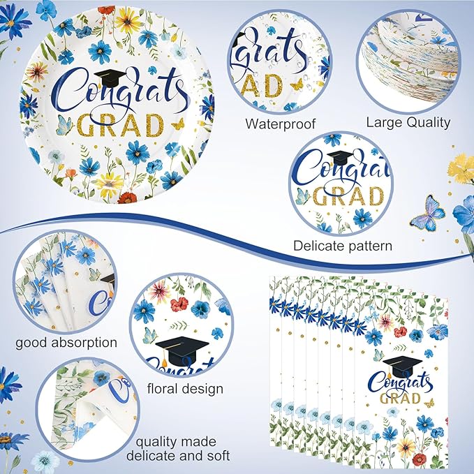 400 Pcs Class of 2026 Blue Floral Graduation Decorations for 50 Guests, Blue Gold Flower Graduation Paper Plates Napkins and Cups Cutlery Grad Tableware for 2026 Congrats Grad Party Supply