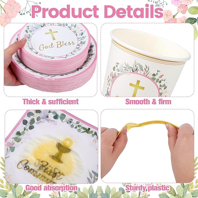 Kochorie 400 Pieces Pink First Communion Decorations, Disposable First Holy Communion Party Tableware Set with Plates Cups Napkins Cutlery Serves 50 for Baby Shower God Bless Baptism Party Supplies