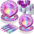 Cunhill 144 Pcs Iridescent Pink Mermaid Party Birthday Supplies Paper Tableware Hot Pink Purple Holographic Mermaid Plates Napkins Cups Spoons Fork Knives Under The Sea Dinnerware Set