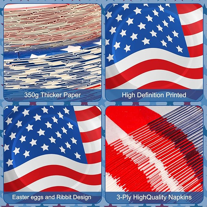 American Flag Patriotic Party Supplies - 4th of July Paper Plates, Napkins and Forks Set, Disposable Dinner Dessert Plates and Napkins for Memorial Day Independence Day Table Decorations, Serves 24