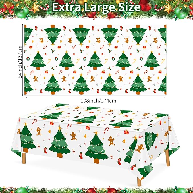 2 Pack Christmas Tree Tablecloth 54"x108" Disposable Plastic Waterproof Table Cloths Rectangular Table Cover for Merry Christmas Picnic Camping Outdoor Birthday Party Supplies