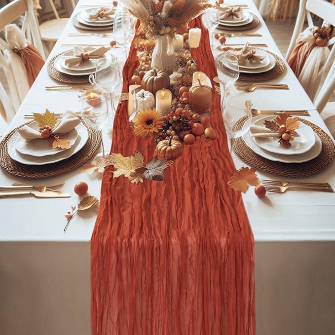 Snowkingdom 6PCS 10Ft Fall Thanksgiving Table Runner Terracotta Rust Cheesecloth Gauze, 120 inch Long Burnt Orange Boho Cheese Cloth for Wedding Bridal Shower Rustic Sheer Table Decorations