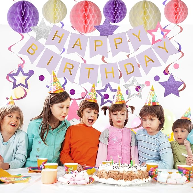 meowtastic Birthday Decorations, Happy Birthday Banner with Honeycomb Balls, Stars Hanging Swirls Streamers, Circle Dots Garland, Happy Birthday Party Decorations for Women Men Boys Girls (Purple)