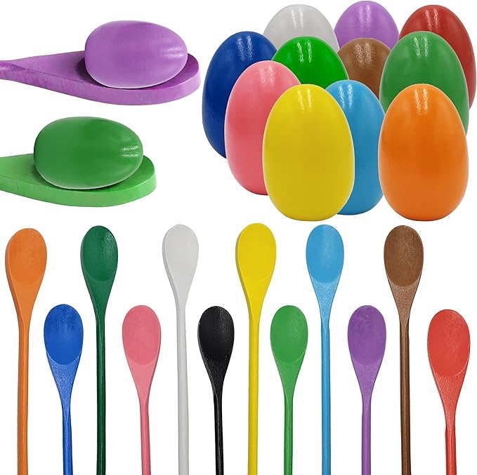 12 Wooden Easter Eggs and 12 Wooden Spoon Race Game Set, 12 Sets, Multi-Player Carnival Game for Kids & Family Activity Holiday Outdoor Yard Easter Egg Hunt Birthday Party Lawn Games