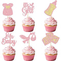 Gyufise 24Pcs Oh Baby Cupcake Toppers Glitter It's a Girl Cupcake Picks Bow Dress Baby Bottle Baby Shower Cake Decorations for Gender Reveal Baby Shower Kids Girls Birthday Party Supplies Pink