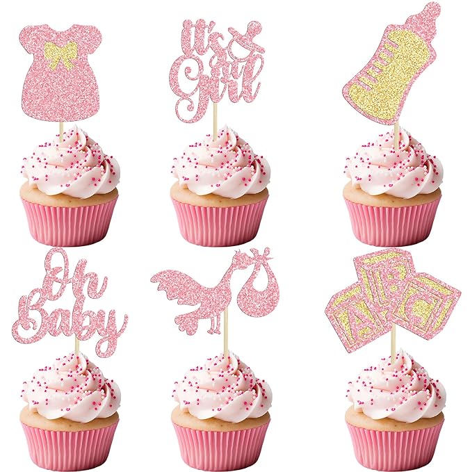 Gyufise 24Pcs Oh Baby Cupcake Toppers Glitter It's a Girl Cupcake Picks Bow Dress Baby Bottle Baby Shower Cake Decorations for Gender Reveal Baby Shower Kids Girls Birthday Party Supplies Pink