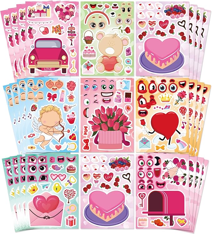32 Sheets Valentine Stickers for Kids Toddlers, Make a Face Sticker Love Cake Bear Cupid Stickers for Kids Make Your Own Sticker Valentines Day Activities Party Favors