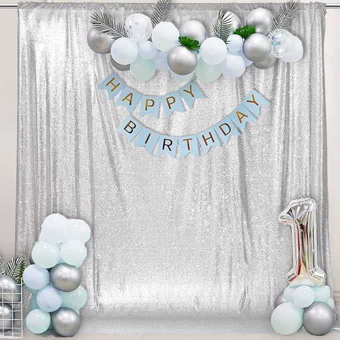 PartyDelight Silver Sequin Backdrop 6x7ft - High Density 3mm Shimmer Sequin Background with 4-Inch Rod Pocket, Sparkly Photography Curtain for Birthday, Disco, TikTok & Live Decor