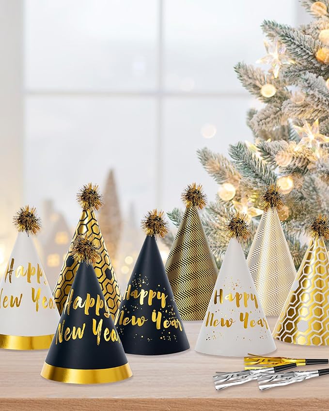 48 Pcs Happy New Year 2026 Party Hats – Gold NYE Cone Hats, Horns & Whistles Set for Adults & Kids, Black Gold New Year’s Eve Party Supplies Decorations