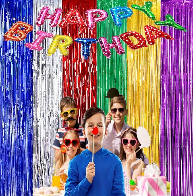 2 Pack 3.3ft×6.6ft Rainbow Photo Backdrop Tinsel Foil Fringe Curtains Backdrop Door Streamers Birthday Mardi 4th of July Party Decoration