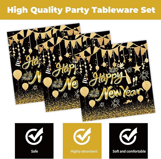 40Pcs 2026 Happy New Year Paper Plates and Napkins Party Supplies, Disposable New Years Eve Plates Napkins Dinnerware Set for New Years Party Decorations