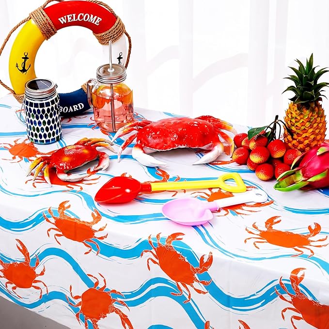 Juexica 4 Pcs 54 x 108 Inch Crab Boil Party Table Cloth Summer Seafood Party Supplies Plastic Crab Tablecover Decorations Rectangular for Sea Animals Dining Kitchen Centerpiece (Blue Waves Style)