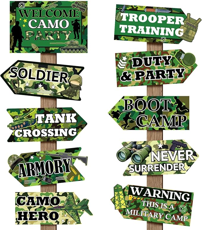 Hooqict 20 Pieces Camo Party Signs Army Birthday Party Decorations Camouflage Military Birthday Party Supplies for Boys Men Army Themed Directional Sign