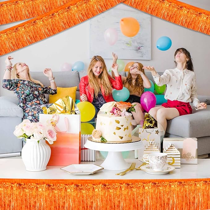 3 Pack 10 Ft Orange Foil Fringe Garland Metallic Streamers Tinsel Banner Wall Hanging Garland Backdrop for Parade Floats, Halloween, Christmas, Thanksgiving, New Year Party Decorations