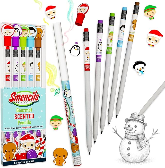 Holiday Smencils - HB #2 Scented Fun Pencils, 5 Count - Stocking Stuffer, Gifts for Kids, School Supplies, Party Favors, Classroom Rewards