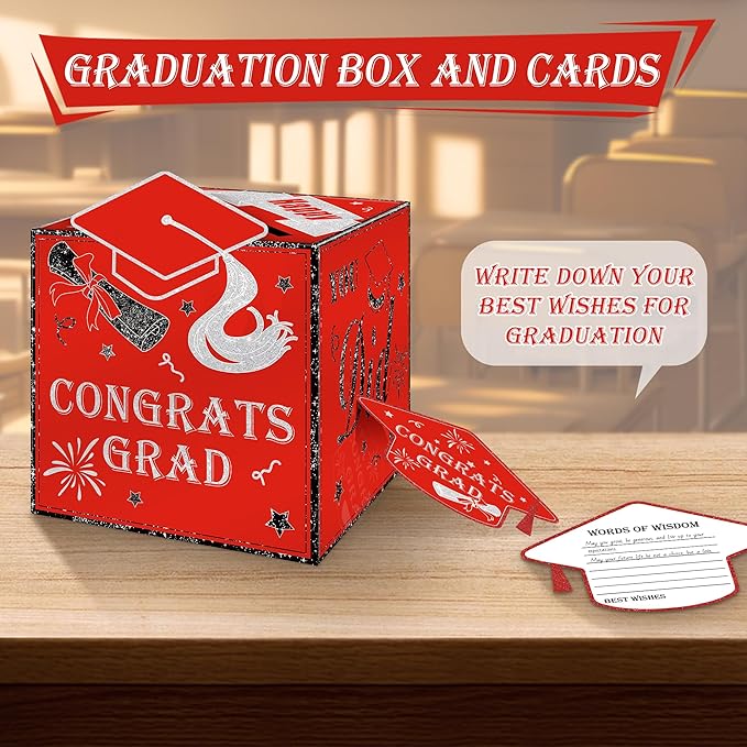 AYGXU graduation card box Holder 2026 with 30pcs graduation cards,Graduation party Decorations,graduation box for gifts and Cards,graduation money box,Graduation Party favors Supplies-red box