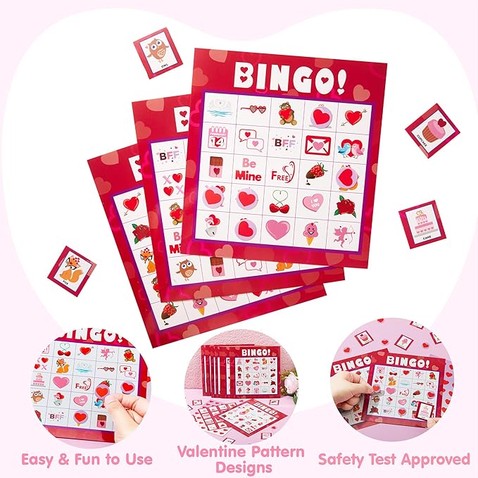 JOYIN Valentines Day Bingo Game Cards (5x5) – 28 Players for Kids Party Gift, School Classroom Love Supplies, Family Entertainment Activities