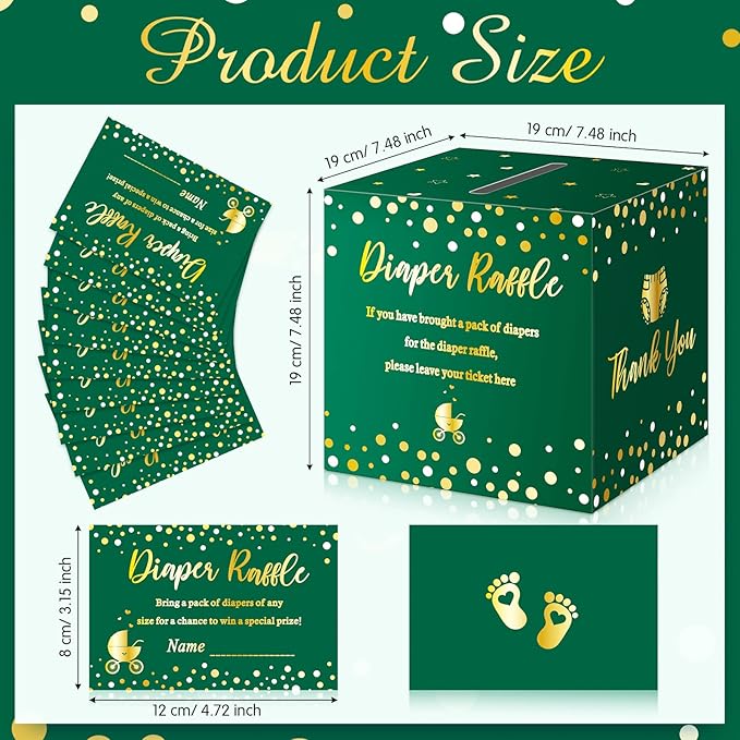 Funrous 51 Diaper Raffle Tickets with Box for Baby Shower Game Invitations Diaper Raffle Card for Gender Reveal Baby Shower Party Decoration Table Centerpiece(Green, Gold)