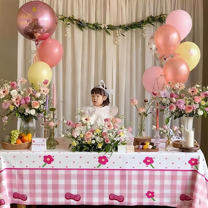 Pink Bow Flower Tablecloth 4 Packs, Pink White Gingham Cute Plastic Tablecloths Disposable Birthday Party Decoration, 54" x 108" Waterproof Tablecloth for Girls Birthday Princess Party Supplies