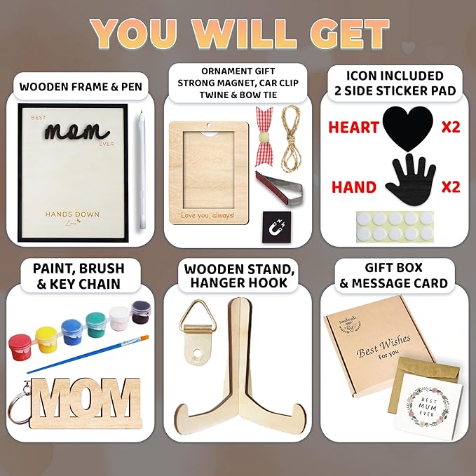 10" Hands Down Best Mom Ever DIY Handprint Kit with Acrylic Paints, Art Craft Family Keepsake Wood Frame Mom Keychain Birthday Gift Mother's Day for Mum, Family Memories Sign with Kids Names HF90-M