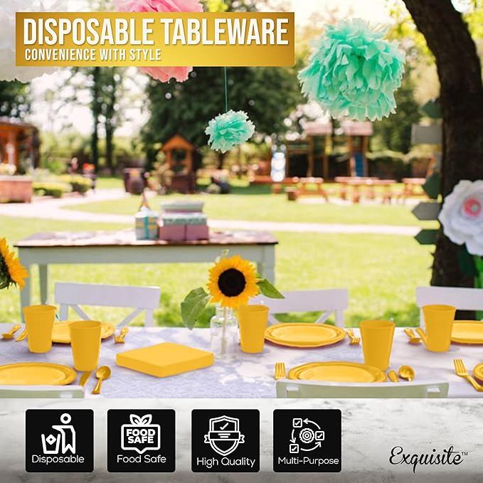 350 Pcs Yellow Plastic Plates For Party, Yellow Disposable Plates Set, 50 Of Each 9" Dinner Plate Set, 7" Dessert Plate, Cups, Napkins & Cutlery Plastic Dinnerware Set Exquisite