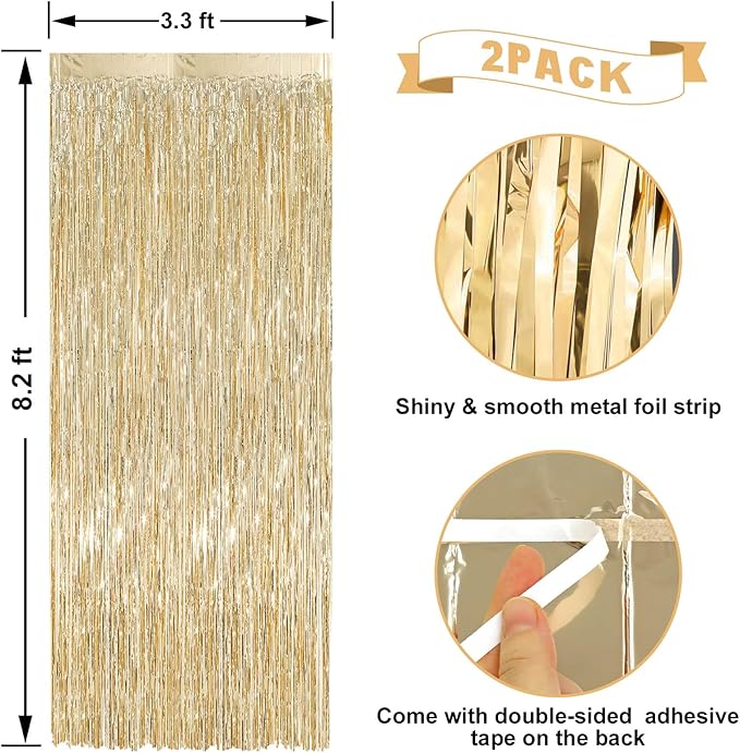 2 Pack Champagne Gold Foil Fringe Curtains Streamers Party Decorations 3.3 x 8.2 ft, Tinsel Curtain Fringe Backdrop for Parties, Door Fringe Birthday Streamers, Photo Booth Backdrops, Party Decor
