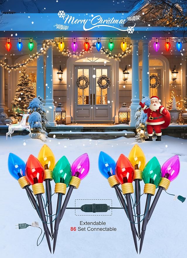 2 Pack Outdoor Christmas Decorations - Jumbo Xmas String Lights or Pathway Markers - Large Multicolored Bulbs Hanging Lights Waterproof Lawn Decoration for Holiday Home Tree Roof Yard Garden