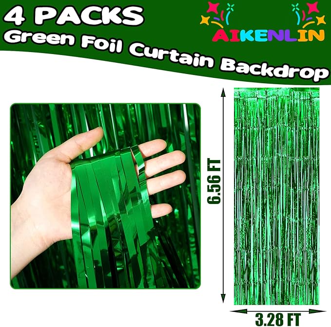 4 Pack 3.3Ft x 6.6Ft Green Foil Fringe Curtain Backdrop, Metallic Tinsel Foil Fringe Streamers Curtains Background for Photo Booth, Birthday, Wedding, Halloween, Christmas Party Decoration