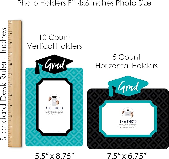 Big Dot of Happiness Teal Graduation Photo Display Centerpiece Kit - 15 Double-Sided Photo Table Topper Sticks, Vertical and Horizontal 4x6 Picture Holders, DIY Party Decoration Set
