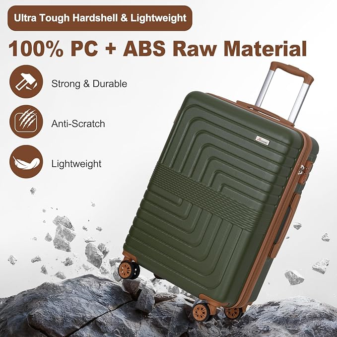 Romswi 3-Piece Expandable Luggage Set 20/24/28 Inch, Spinner Hardshell Lightweight Suitcases with TSA Lock, YKK, Checked & Carry On Luggage Set, Olive Green