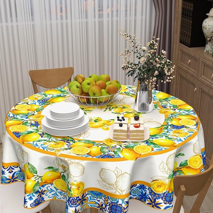 Lemon Round Tablecloth 70 Inch Yellow and Blue Circle Table Cloth Summer Holiday Table Cover Washable Polyester Decorations for Season Home Kitchen Dinning Party