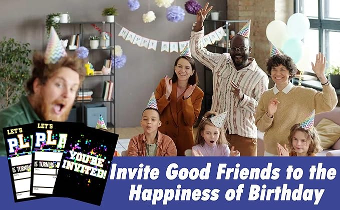 CLIRBE Let's Play Birthday Party Invitations, Glow Neon Invited Birthday Invitations For Teen Boys Girls, 20 Invites Cards With 20 Envelopes, Party Supplies Favors -H15