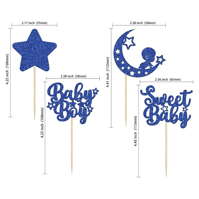 Gyufise 24Pcs Baby Shower Boy Cupcake Toppers Glitter Star Moon Sweet Baby Boy Cupcake Picks Baby Shower Boys Birthday Party Cake Decorations Supplies Deep Blue