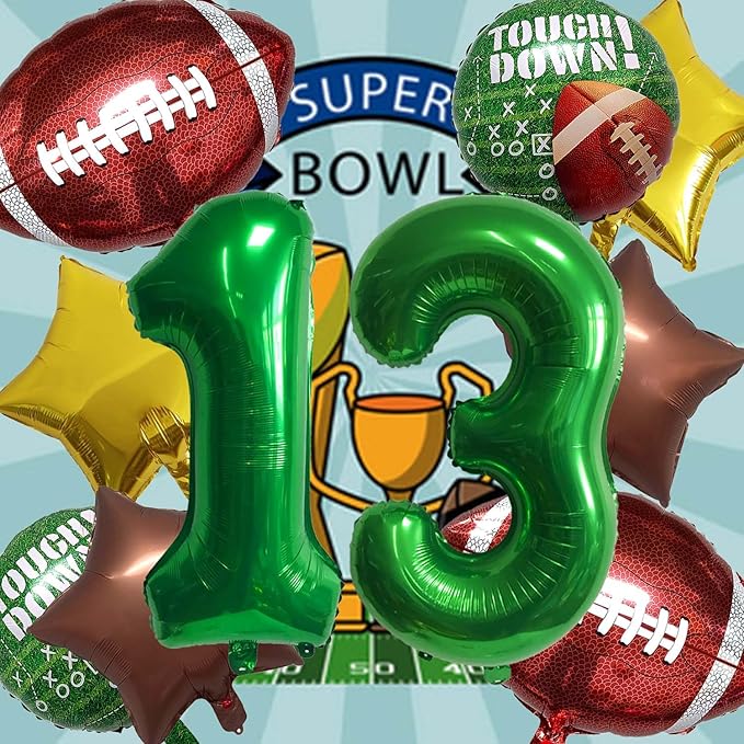 Football Birthday Decorations - 13th Birthday Balloon Rugby Gold Brown Star Rugby Field Touchdown Sports Theme Party Supplies - 10Pcs