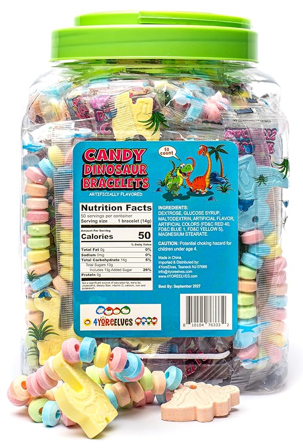50 Dinosaur Candy Bracelets with Dinosaur Pendants, Dino-lover Candy Jewelry, Ideal for Dino Party Favors and Goodie Bags, Bulk Pack by 4YoreElves