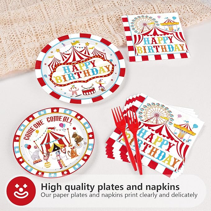 96Pcs Carnival Birthday Party Decorations Christmas Carnival Circus Birthday Plates and Napkins Tableware Sets Circus Theme Decoration Favor for Kids Boy Girls Xmas Bday Baby Shower Supplies Serves 24