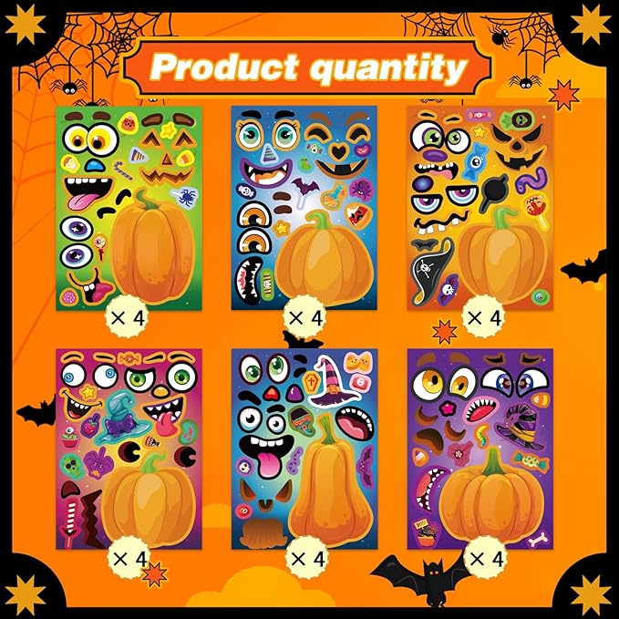 Halloween Stickers for Pumpkins 24 PCS Make-a-Face Stickers Halloween Pumpkin Craft Stickers, Make Your Own Halloween Stickers Halloween Party Favors Treats Party Games Goody Bag Filler