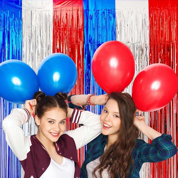 4th of July Decorations- 4 Pack of 3.2x8.2ft Red Silver Blue Tinsel Foil Fringe Curtains for Patriotic Party Memorial Day Independence Day Party Backdrop