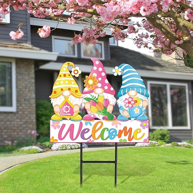 JarThenaAMCS Spring Metal Garden Stakes Colorful Flower Gnome Decorative Lawn Sign Welcome Yard Sign for Home Outside Lawn Porch Walkway Decor