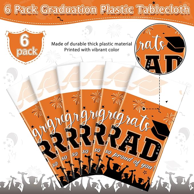 6 Pack Graduation Tablecloth Party Decorations, Class of 2026 Congrats Grad Plastic Tablecover Party Supplies, Orange Rectangle Graduation Table Decorations for College High School Party, 54 x 108Inch