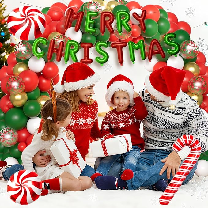 Christmas Party Decorations Christmas Balloon Arch Kit with Metallic Fringe Curtains, Merry Christ mas Banner and Candy Cane Balloons for Friendsmas Xmas Birthday Party Decorations