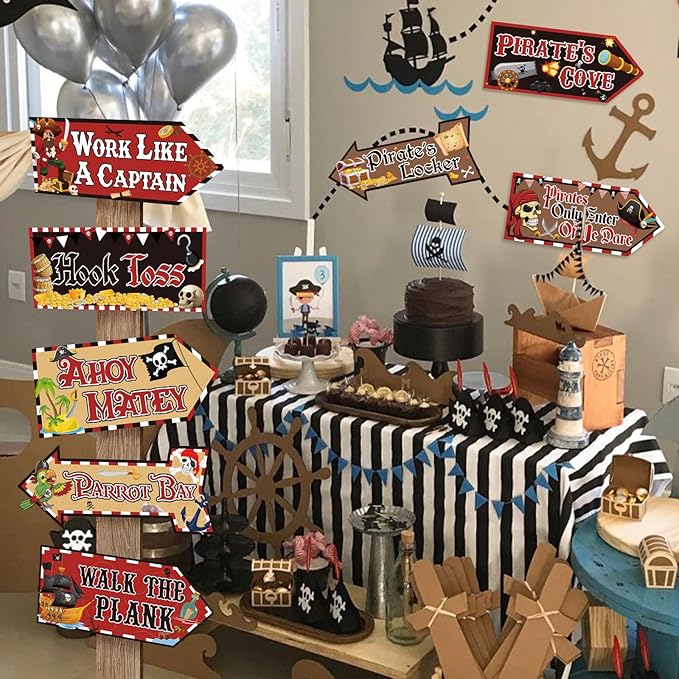 Hooqict 20 Pieces Pirate Party Decorations Sign Beware of Pirates Party Directional Signs Pirate Themed Birthday Party Banner Supplies