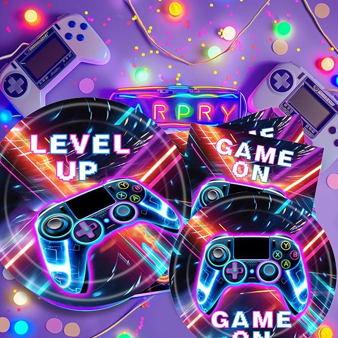 194 Pcs Video Game Party Supplies Serve 24, Includes Game On Neon Themed Tableware, Plates, Napkins, Banner & Tablecloth, Ideal for Gamer Birthday Party Decoration