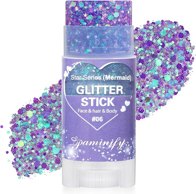 Purple Hair Glitter Stick for Kids,Mardi Gras Outfit for Women,Waterproof Mermaid Body Face Glitter Makeup,Mardi Gras Accessories Chunky Sequins,Halloween Glitter Body Paint for Carnival Festival