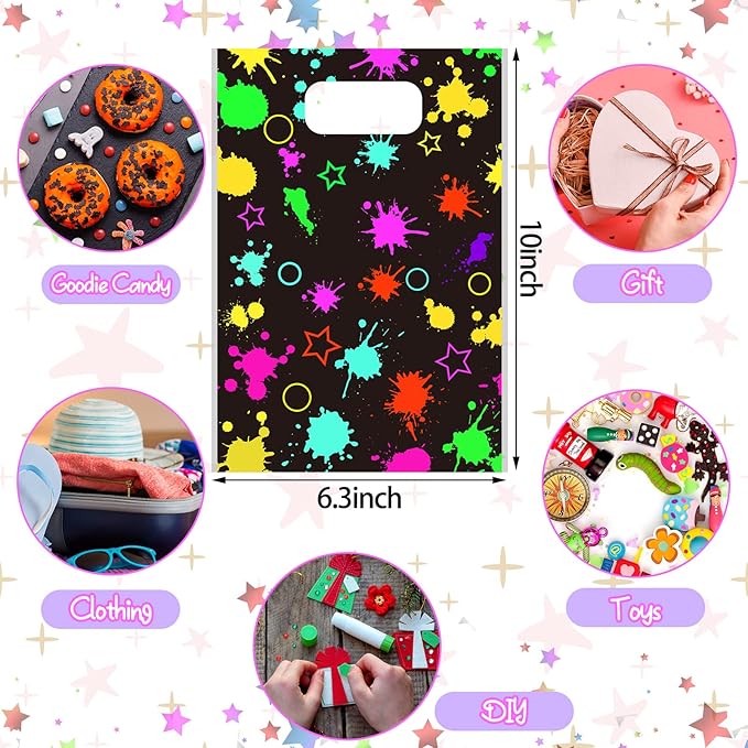Spakon 100 Pack Neon Party Favor Bags Let's Glow in the Dark Supplies Plastic Colorful Candy Goodie Gift Treat Goody Bags for Neon Glow Birthday Decoration
