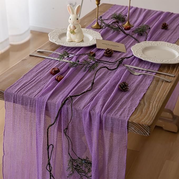 Keketoarrange Spring Table Runner Lavender Gauze Rustic Boho Lilac Cheesecloth Grape Table Runner 120 Inch 10 FT for Wedding Baby Bridal Shower Birthday Party Long Sheer Easter Home Decorations