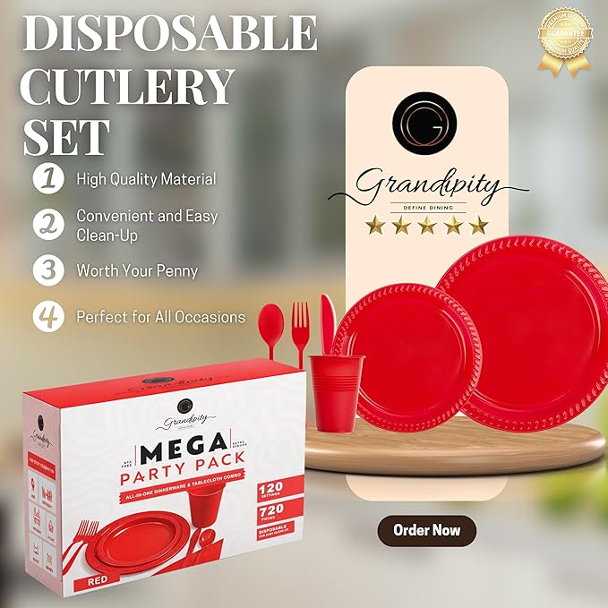 720 Piece Red Disposable Dinnerware Set (120 Guests) Plastic Dinnerware Set Disposable - 120 Count, 9" Dinner Plates, 7" Dessert Plates, 12oz Cups, Forks, Knives & Spoons- Plastic Party Plates Set